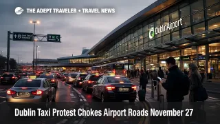Evening traffic jams outside Dublin Airport as a Dublin airport taxi protest slows long lines of cars and taxis on the main access road.