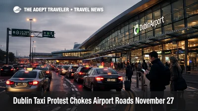 Evening traffic jams outside Dublin Airport as a Dublin airport taxi protest slows long lines of cars and taxis on the main access road.