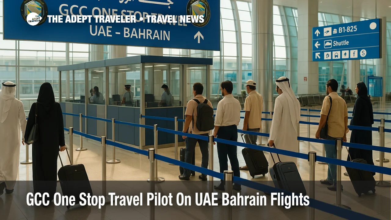 Travelers queue at Dubai International Airport for a GCC one stop travel system checkpoint on UAE Bahrain flights with joint border controls