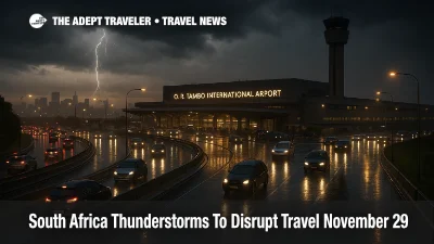 Cars crawl along wet approach roads at O. R. Tambo International Airport as South Africa thunderstorms travel disruption builds over Johannesburg skies