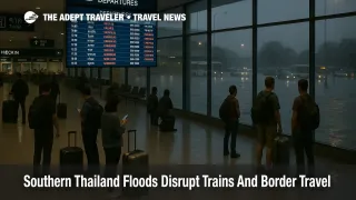 Travelers at Hat Yai International Airport check departures as Southern Thailand floods travel disruptions delay flights.