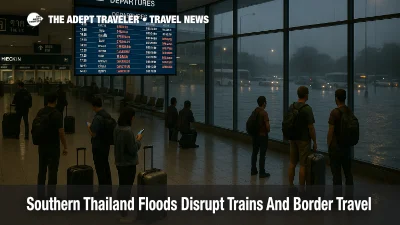 Travelers at Hat Yai International Airport check departures as Southern Thailand floods travel disruptions delay flights.