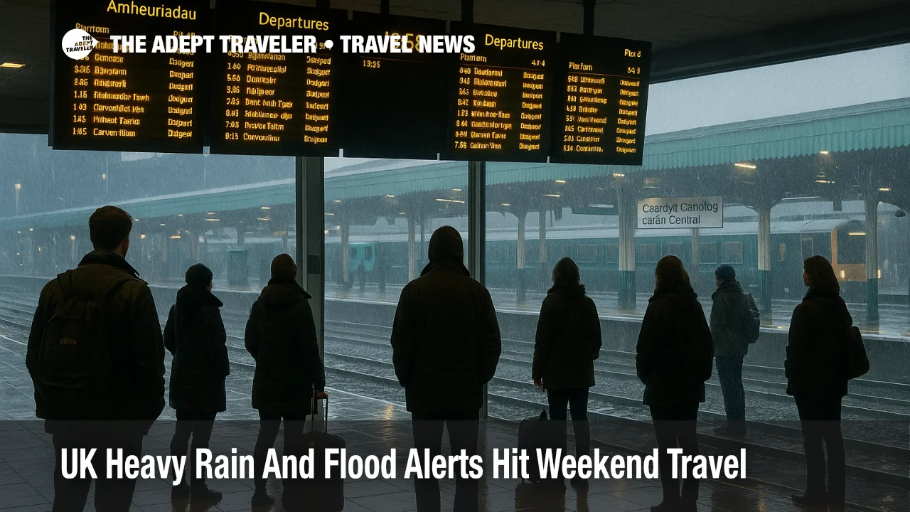 Passengers watch delay boards at Cardiff Central as UK heavy rain travel disruption and flood alerts slow weekend trains across south Wales