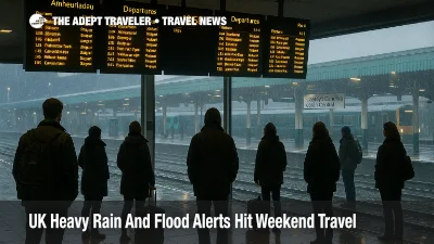 Passengers watch delay boards at Cardiff Central as UK heavy rain travel disruption and flood alerts slow weekend trains across south Wales