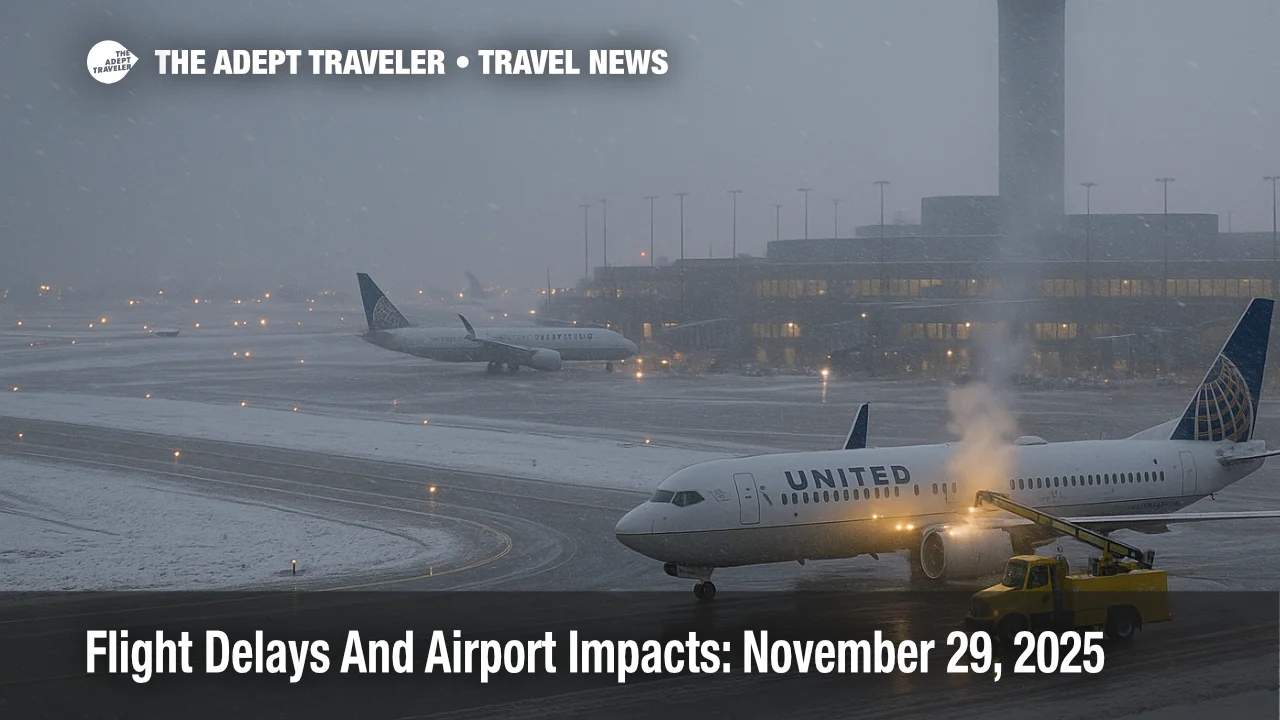 US flight delays November 29 2025 as a winter storm slows operations at Chicago O'Hare, with jets and deicing trucks working in heavy snow.