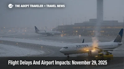 US flight delays November 29 2025 as a winter storm slows operations at Chicago O'Hare, with jets and deicing trucks working in heavy snow.