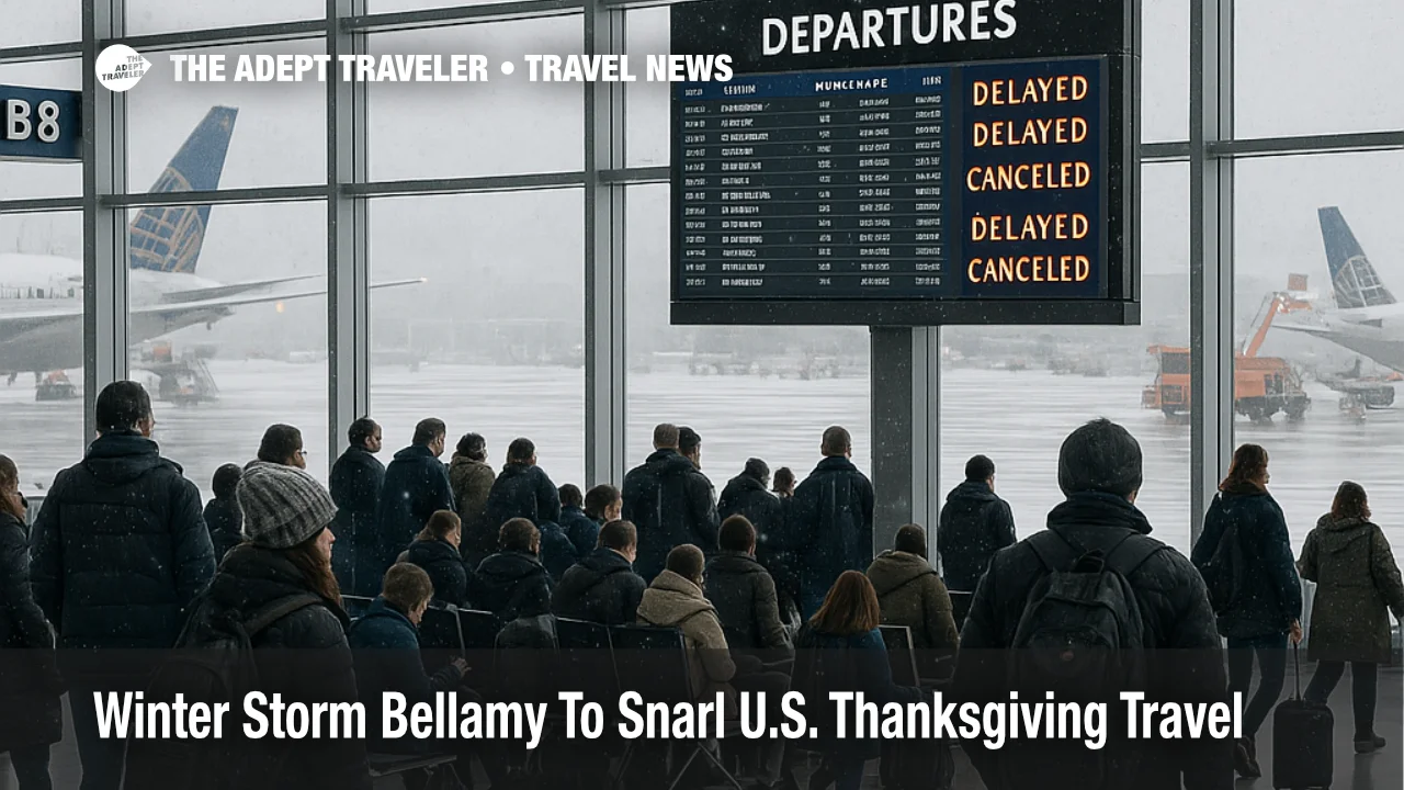 Passengers watch the board at Chicago O Hare as Winter Storm Bellamy travel delays disrupt holiday flights.