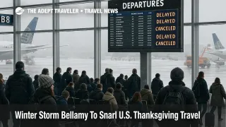 Passengers watch the board at Chicago O Hare as Winter Storm Bellamy travel delays disrupt holiday flights.
