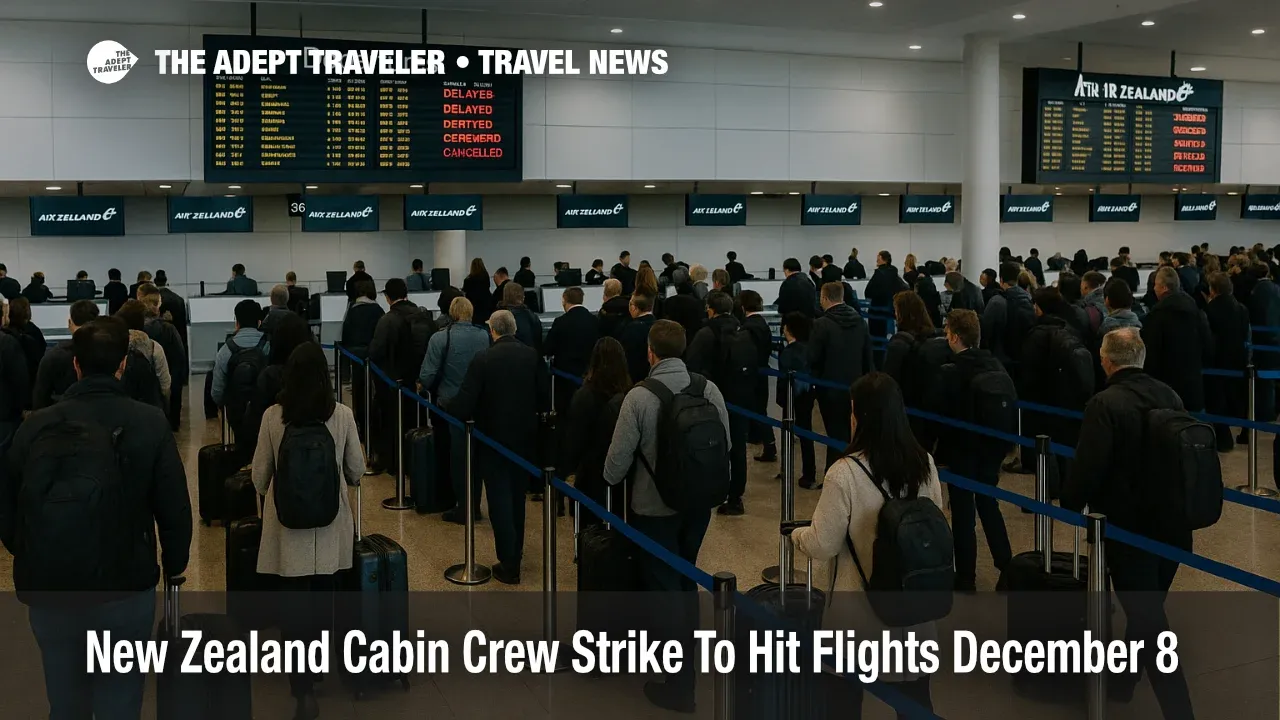 Auckland Airport during the Air New Zealand strike December 8, with check in lines and boards showing delayed flights.