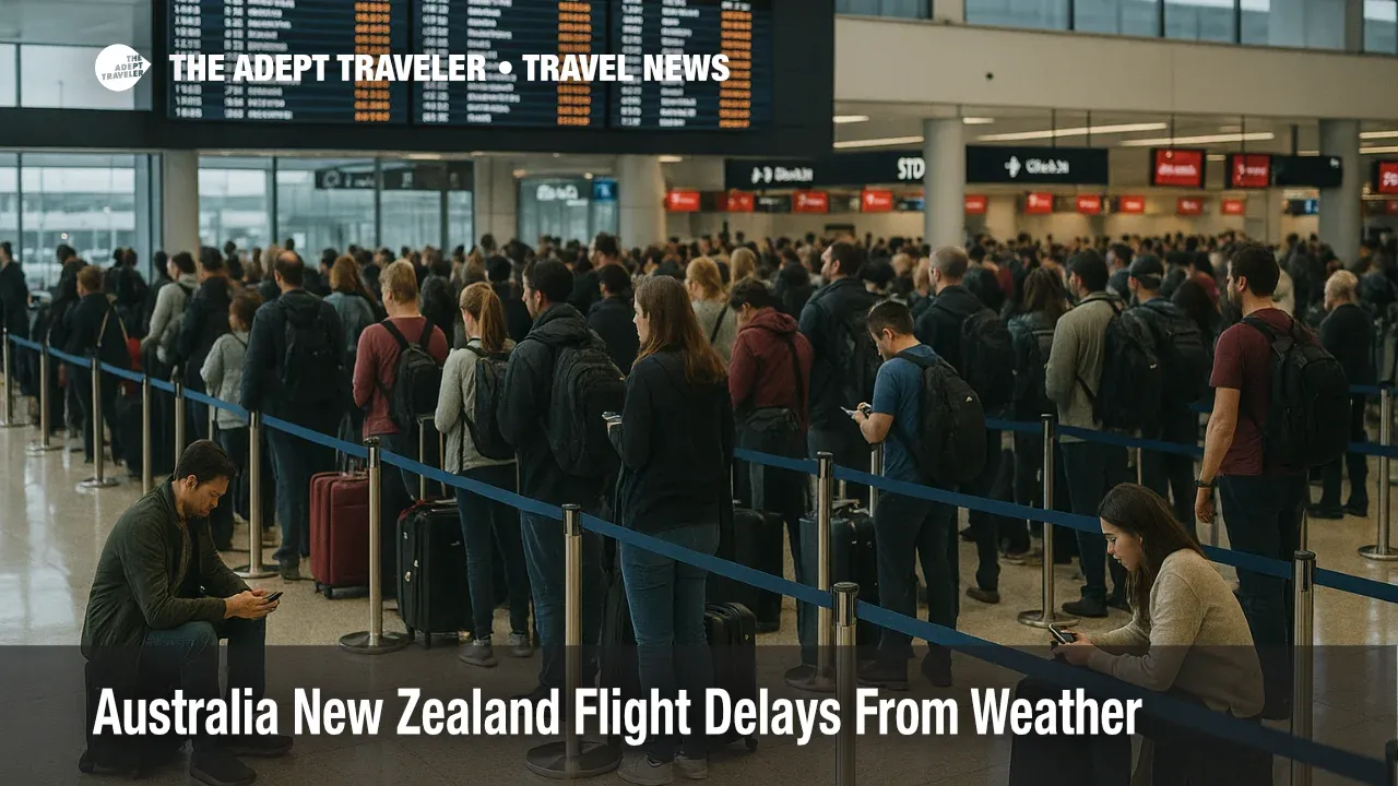 Passengers queue in Sydney Kingsford Smith Airport departures hall as Australia New Zealand flight delays from storms and staffing issues cause long waits