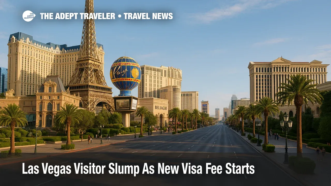 Morning view of the Las Vegas Strip near Paris and Bellagio with empty sidewalks, reflecting the Las Vegas visitor slump