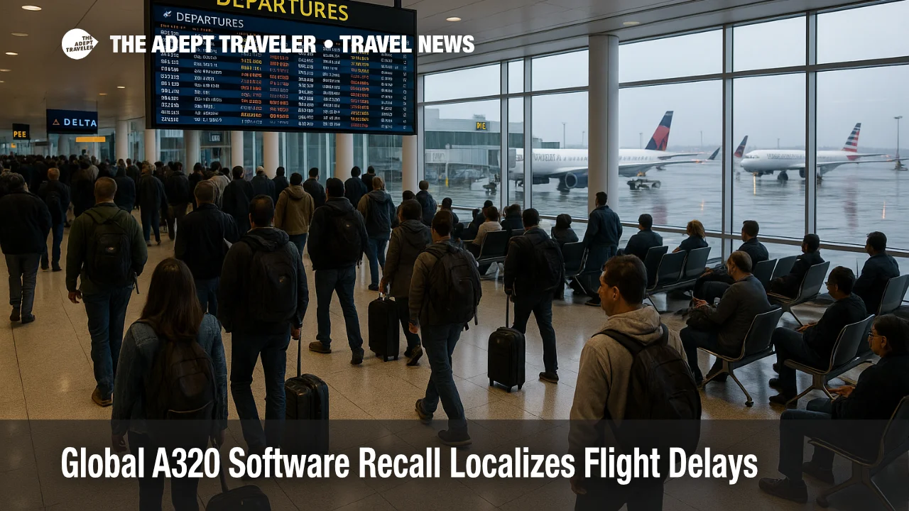 Travelers at JFK watch a departures board as the A320 software recall delays some flights but airport operations continue