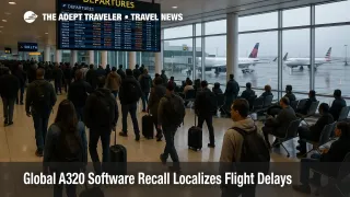 Travelers at JFK watch a departures board as the A320 software recall delays some flights but airport operations continue