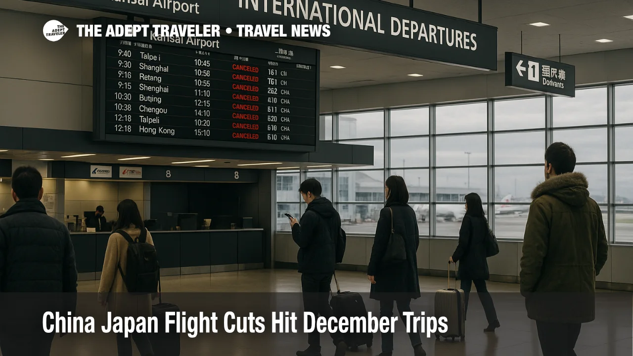 Travelers study the departures board at Kansai Airport as China Japan flight cuts reduce December options and cancel key routes