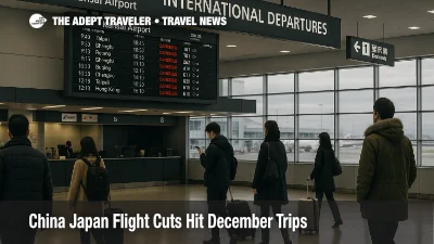 Travelers study the departures board at Kansai Airport as China Japan flight cuts reduce December options and cancel key routes
