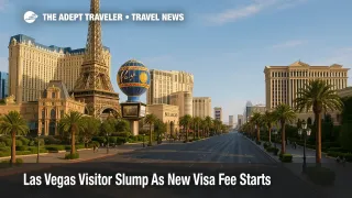 Morning view of the Las Vegas Strip near Paris and Bellagio with empty sidewalks, reflecting the Las Vegas visitor slump