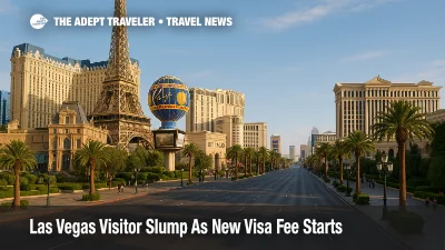 Morning view of the Las Vegas Strip near Paris and Bellagio with empty sidewalks, reflecting the Las Vegas visitor slump