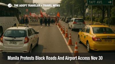 Manila protest road closures near Rizal Park slow taxis and airport shuttles in heavy traffic as lanes are blocked for anti corruption rallies