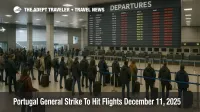 Portugal general strike flights December 11 disrupt departures as travelers watch the departures board inside Lisbon airport.
