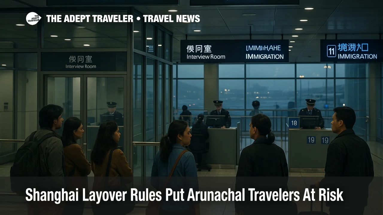 Travelers wait near immigration booths at Shanghai Pudong as Shanghai layover Arunachal travelers face extra scrutiny during visa free transit checks