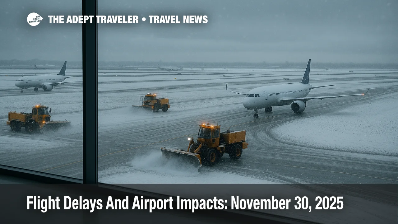 Snow covered ramps at Chicago O Hare show winter storm impacts and US flight delays November 30 2025 as plows work around parked jets and low clouds reduce visibility.