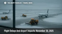 Snow covered ramps at Chicago O Hare show winter storm impacts and US flight delays November 30 2025 as plows work around parked jets and low clouds reduce visibility.