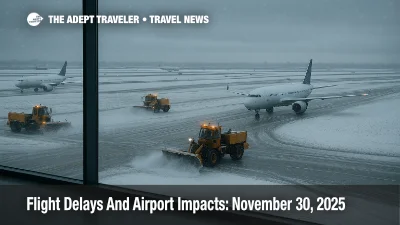Snow covered ramps at Chicago O Hare show winter storm impacts and US flight delays November 30 2025 as plows work around parked jets and low clouds reduce visibility.