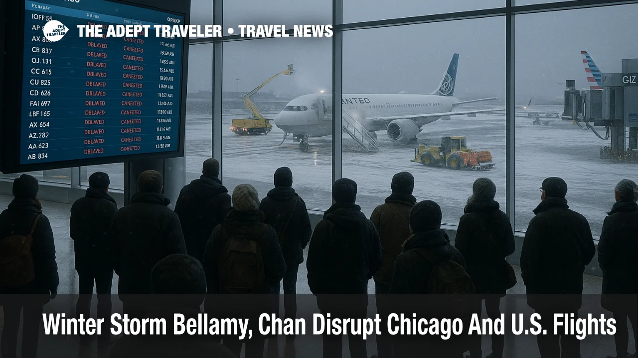 Travelers watch departures board at Chicago O Hare as Winter Storm Bellamy and approaching Chan cause widespread flight delays and cancellations