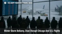 Travelers watch departures board at Chicago O Hare as Winter Storm Bellamy and approaching Chan cause widespread flight delays and cancellations
