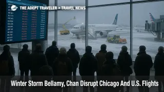 Travelers watch departures board at Chicago O Hare as Winter Storm Bellamy and approaching Chan cause widespread flight delays and cancellations