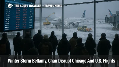 Travelers watch departures board at Chicago O Hare as Winter Storm Bellamy and approaching Chan cause widespread flight delays and cancellations