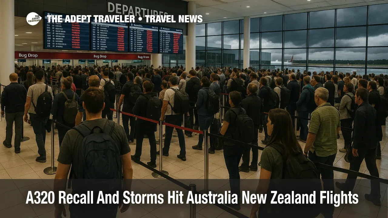 Travelers queue in the Sydney airport departures hall during Australia New Zealand A320 recall flight delays compounded by early summer storms.