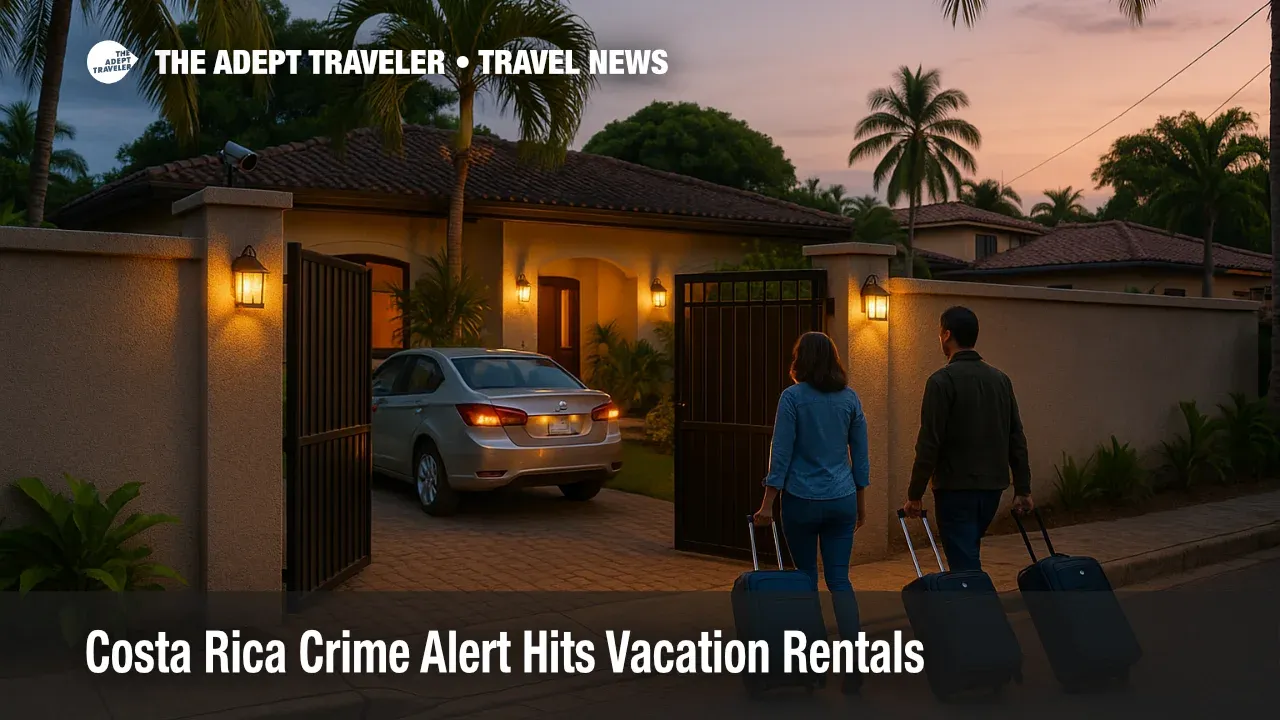 Travelers arrive at a well lit gated vacation rental in Tamarindo after a Costa Rica crime alert focused attention on private rentals and guest security
