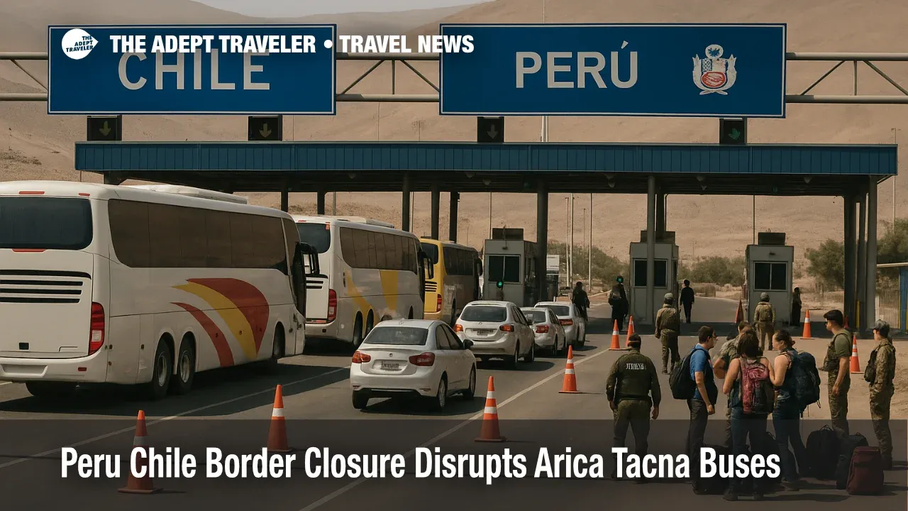  Travelers and buses wait at the Chacalluta Peru Chile border closure as stricter checks disrupt the usual Arica Tacna overland route