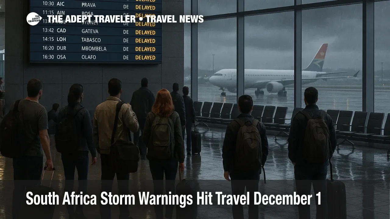Travelers watch a departures board at O. R. Tambo as South Africa storm warnings travel disruption causes visible flight delays during a heavy thunderstorm
