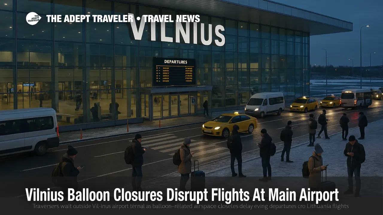 Travelers wait outside Vilnius airport terminal as balloon related airspace closures delay evening departures across Lithuania flights