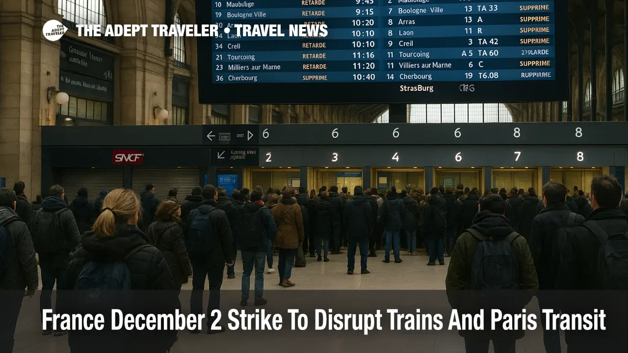 Travelers watch departure boards at Paris Gare du Nord as the France December 2 train strike disrupts regional and Paris airport bound rail services