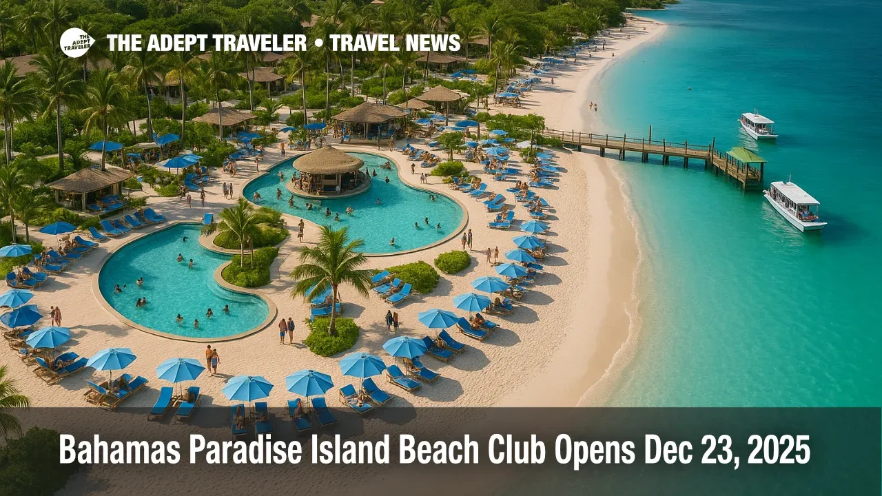 Pools and cabanas at the Paradise Island beach club opening in Nassau, ready for cruise guests arriving by water taxi.