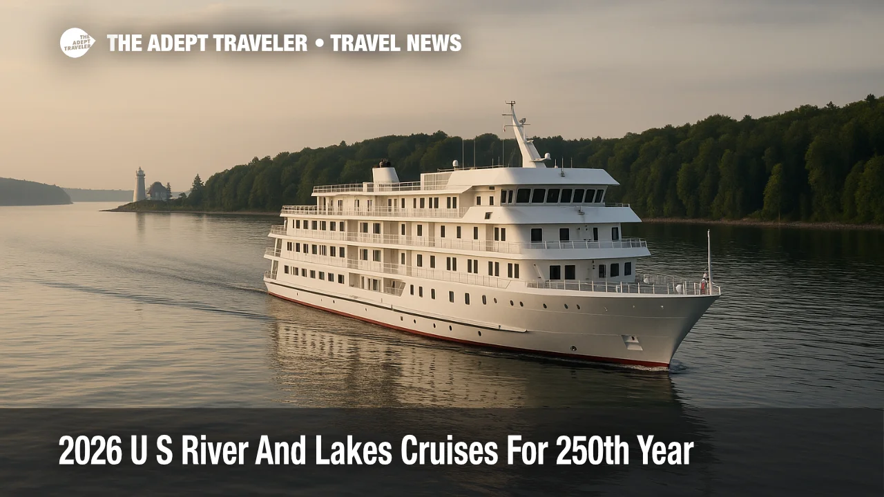 Small U S cruise ship on a calm Great Lakes channel, illustrating American Cruise Lines 2026 itineraries and new passport free domestic river and lakes routes.