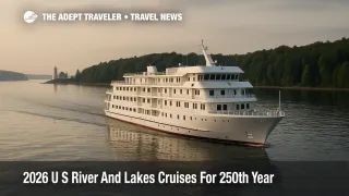 Small U S cruise ship on a calm Great Lakes channel, illustrating American Cruise Lines 2026 itineraries and new passport free domestic river and lakes routes.