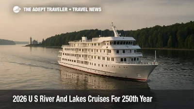 Small U S cruise ship on a calm Great Lakes channel, illustrating American Cruise Lines 2026 itineraries and new passport free domestic river and lakes routes.