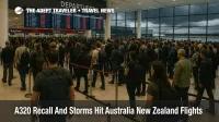 Travelers queue in the Sydney airport departures hall during Australia New Zealand A320 recall flight delays compounded by early summer storms.