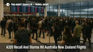 Travelers queue in the Sydney airport departures hall during Australia New Zealand A320 recall flight delays compounded by early summer storms.