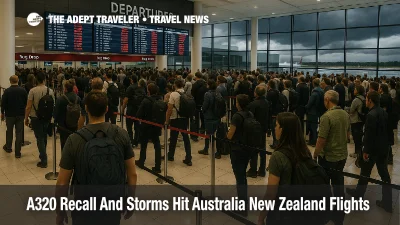 Travelers queue in the Sydney airport departures hall during Australia New Zealand A320 recall flight delays compounded by early summer storms.