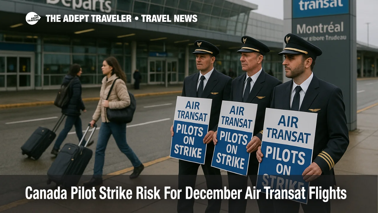 Air Transat pilot strike picket outside Montreal Trudeau departures hall as December Canada flights face disruption risk for winter travelers