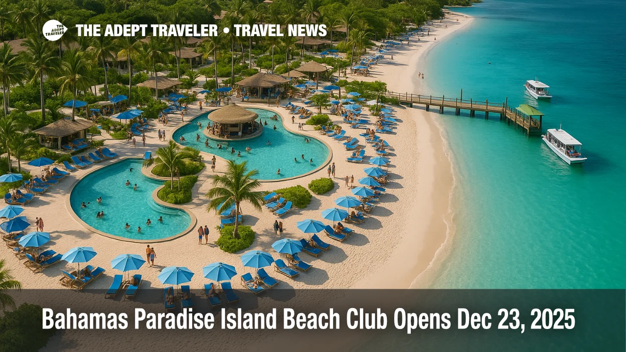 Pools and cabanas at the Paradise Island beach club opening in Nassau, ready for cruise guests arriving by water taxi.