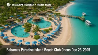 Pools and cabanas at the Paradise Island beach club opening in Nassau, ready for cruise guests arriving by water taxi.