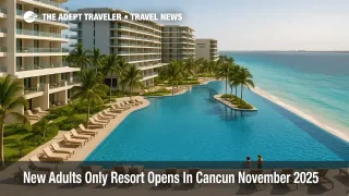 Adults relax by the pools at a new adults only resort opening in Cancun's Hotel Zone, with Secrets Mirabel's beachfront decks facing a calm Caribbean Sea.