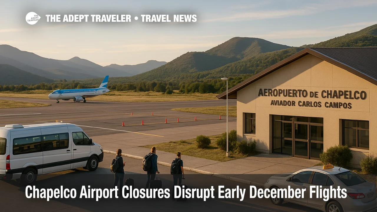 Travelers wait beside minibuses outside Aviador Carlos Campos Airport as Chapelco airport closures force rerouting of Patagonia flights and longer drives