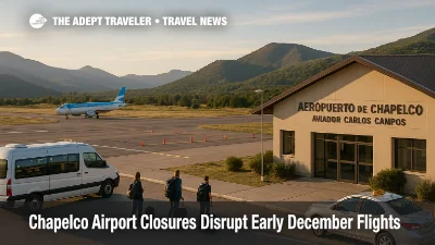 Travelers wait beside minibuses outside Aviador Carlos Campos Airport as Chapelco airport closures force rerouting of Patagonia flights and longer drives